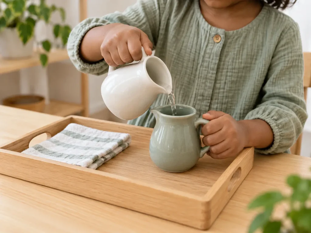 Montessori water-pouring activity for young children