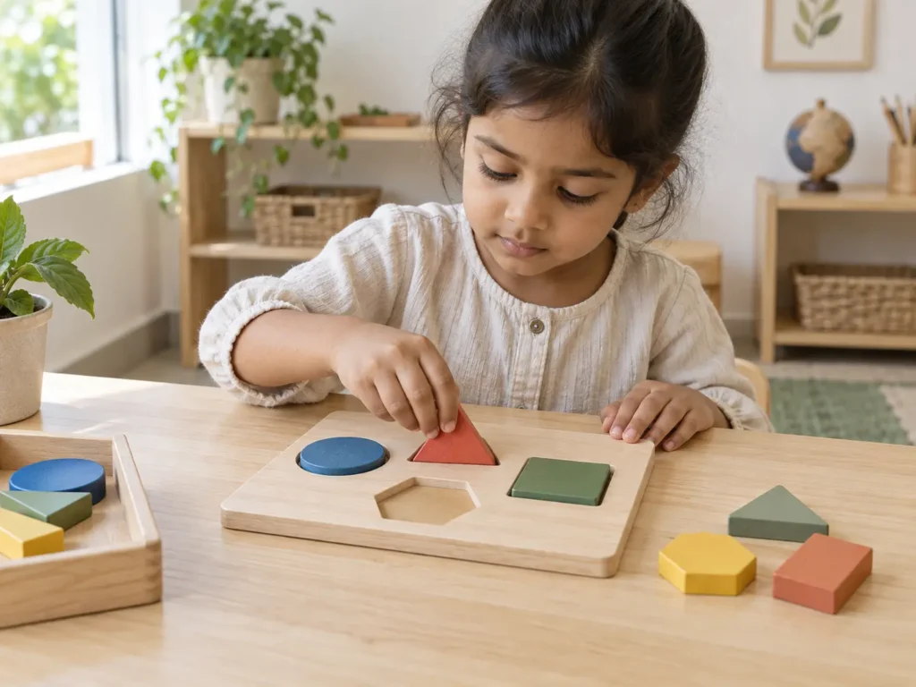 Young child developing problem-solving skills through a shape puzzle